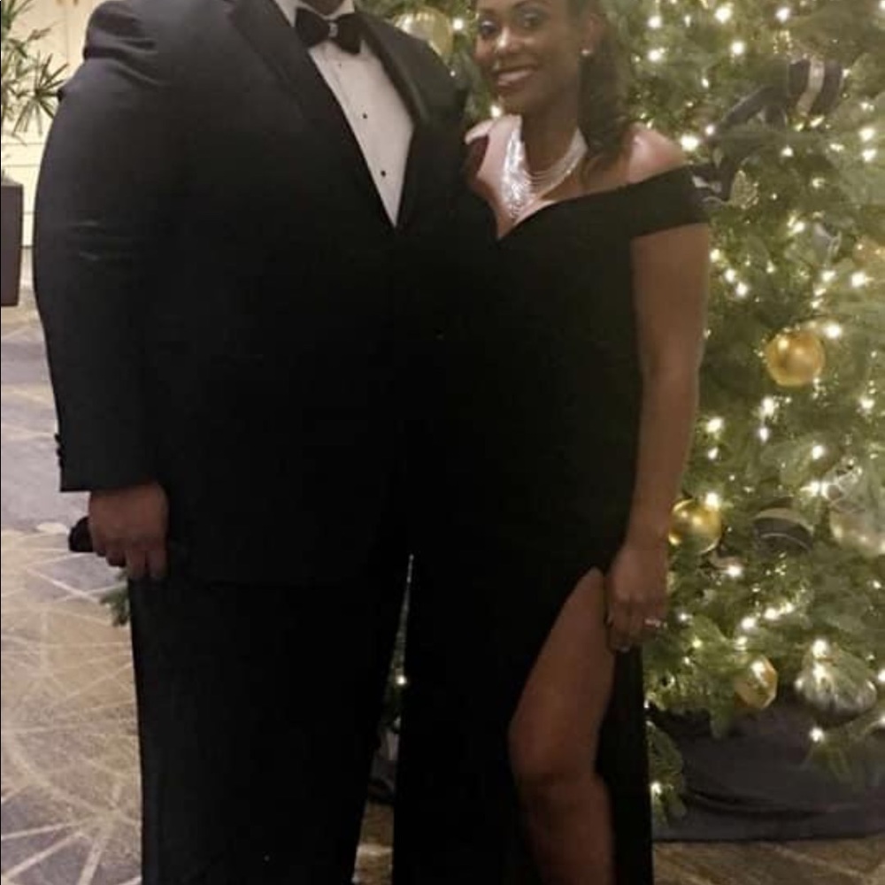 Black velvet off the shoulder long formal dress